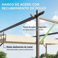 Outsunny Pérgola de Pared de Jardín 3x3 m con Techo Retráctil Protección UPF30+ Drenaje Cenador de Jardín para Exterior Crema(m-6)