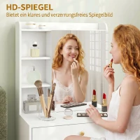 HOMCOM Schminktisch mit Spiegel und gepolstertem Hocker, kompakter Frisiertisch mit Schrank, Schubladen und offenen Ablagen, Weiß(m-7)