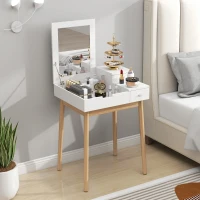 HOMCOM Schminktisch Frisiertisch Kosmetiktisch mit aufklappbarem Spiegel Holzfüße Weiß+Natur 60 x 50 x 85,5cm(m-2)