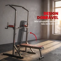 HOMCOM Estação de Musculação Dobrável com Barra de Elevações, Altura Ajustável e Banco Reclinável, Preto e Vermelho(m-6)