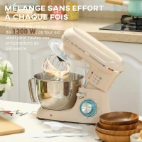HOMCOM Robot pâtissier 1300 W, robot pétrin professionnel 4,5 L, bol d'acier inoxydable, 6+P vitesses et pulse, beige(m-4)