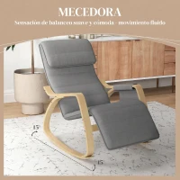 HOMCOM Silla Mecedora con Reposapiés Ajustable en 5 Posiciones Bolsillo Lateral Reposabrazos de Madera Reposacabezas Gris(m-4)