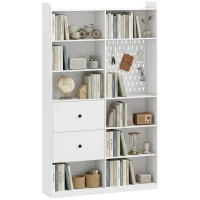 HOMCOM Bibliothèque, Étagère 6 Niveaux, 120 x 30 x 200 cm, Meuble de Rangement avec 2 Tiroirs et Panneau Perforé, Blanc(m-16)