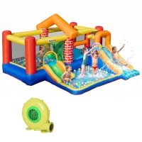 Outsunny Kids Bouncy Castle with Double Slides Pool Trampoline Climbing Wall w/ Blower(m-26)