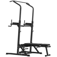 HOMCOM Estación de Musculación Torre de Entrenamiento Altura Ajustable con Barra de Dominadas y Banco Plegable para Fitness en Casa Gimnasio Carga 150 kg 99x178x230 cm Negro(m-12)