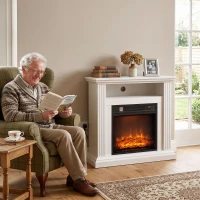 HOMCOM Chimenea Eléctrica 1800 W, Efecto Llama con 3 Niveles de Luminosidad, Chimenea Falsa con Repisa, Efecto Madera Blanco(m-5)