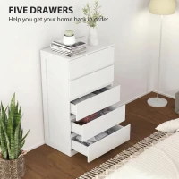 HOMCOM Cassettiera 5 Cassetti in Legno con Maniglie Scanalate, 60x38x100cm, Bianco(m-5)