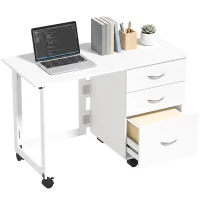 HOMCOM Scrivania Ufficio Pieghevole con 3 Cassetti, 4 Ruote con Freno, Bianco(m-11)
