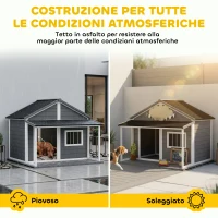 PawHut Cuccia per Cani da Esterno con Terrazza, Finestra e Tetto Impermeabile, 124x112x105cm, Grigio(m-5)