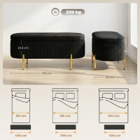 HOMCOM Bancă de Depozitare Ovală 72L cu Capac Rabatabil, din Catifea și Lemn, 108 x 44 x 43,5 cm, Negru(m-3)