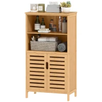kleankin Meuble de rangement salle de bain en bambou avec 2 portes ajourées et 2 compartiments 50 x 29 x 92 cm naturel(m-11)