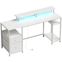 HOMCOM Schreibtisch mit LED-Beleuchtung, Schubladen, Steckdosen, USB-Ports und Monitorhalter 155,5x48x88,5 cm Weiß(m-1)