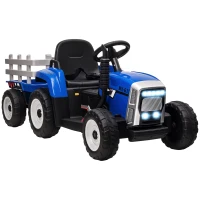 HOMCOM Tractor Electric pentru Copii cu Remorcă Detașabilă, Telecomandă, Port USB, Muzică și Lumini, 3-6 Ani, Albastru(m-11)
