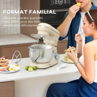 HOMCOM Robot pâtissier 1300 W, robot pétrin professionnel 4,5 L, bol d'acier inoxydable, 6+P vitesses et pulse, beige(m-10)