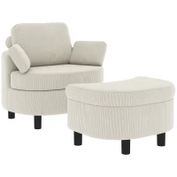 HOMCOM Fauteuil met opbergpoef, cordbekleding, omsluitende leesstoel met verstelbare hoofdsteun, brede zitting, crèmewit(m-14)