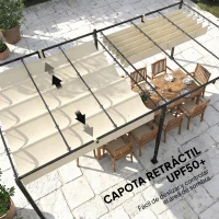 Outsunny Pérgola de Jardín 6x3 m con Techo Retráctil Protección UPF50+ Drenaje Cenador de Jardín para Patio Exterior Crema(m-5)