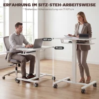 HOMCOM Höhenverstellbarer Stehschreibtisch, Rollbarer Sit-Stand-Schreibtisch mit Tastaturablage, Rollen und Stahlrahmen, Weiß(m-4)