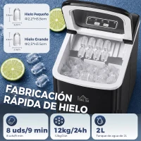 HOMCOM Máquina de Hacer Hielo Autolimpieza 12 kg/24h 9 Cubitos de Hielo en 8 Minutos 2 Tamaños de Cubitos Negro(m-4)
