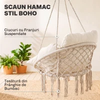 Outsunny Fotoliu Suspendat în Stil Boho cu Pernă, din Oțel, Bumbac și Poliester, 80x60x40 cm, Alb Crem(m-10)