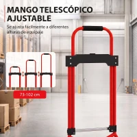HOMCOM Carretilla Plegable con Mango Telescópico Ajustable Carga 60 kg Carretilla de Mano con Ruedas para Garaje Oficina Rojo(m-7)