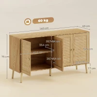 HOMCOM Rattan Sideboard mit 4 Türen, Boho Küchenbuffet mit 2 verstellbaren Einlegeböden, Holzoptik natur(m-3)