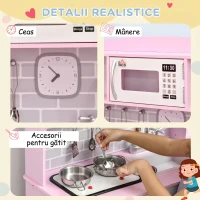 HOMCOM Bucătărie de Jucărie pentru Copii, cu Lumini și Sunete, Dozator Apă, Chiuvetă și Accesorii, MDF, PP, Roz(m-5)