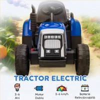 HOMCOM Tractor Electric pentru Copii cu Remorcă Detașabilă, Telecomandă, Port USB, Muzică și Lumini, 3-6 Ani, Albastru(m-8)