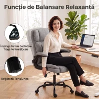 HOMCOM Scaun de Birou Rotativ cu Cotiere Rabatabile, Înălțime Reglabilă, Țesătură cu Aspect de In, Gri(m-7)