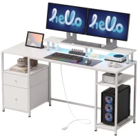 HOMCOM Masă de birou cu lumini LED, sertare, prize, porturi USB și suport pentru monitor 155,5x48x88,5 cm Alb(m-8)