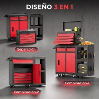 HOMCOM Carro de Herramientas con Ruedas 3 en 1 con 5 Cajones y Armario Inferior Paneles Perforados y Cerradura Negro y Rojo(m-4)
