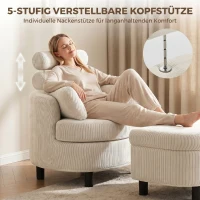 HOMCOM Fauteuil met opbergpoef, cordbekleding, omsluitende leesstoel met verstelbare hoofdsteun, brede zitting, crèmewit(m-4)
