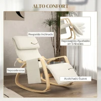 HOMCOM Silla Mecedora con Reposapiés Ajustable en 5 Posiciones Bolsillo Lateral Reposabrazos de Madera Reposacabezas Crema(m-5)