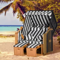 Outsunny Strandkorb mit Fußstützen, Klapptisch und Nackenrollen, Outdoormöbel, Natur + Grau + Weiß(m-2)