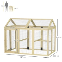 PawHut Țarc pentru Găini de Exterior din Lemn, Cușcă pentru Găini cu Uși Multiple și Plasă Metalică, 140x88.5x106 cm, Culoare Lemn(m-3)