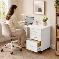 HOMCOM Scrivania Ufficio Pieghevole con 3 Cassetti, 4 Ruote con Freno, Bianco(m-9)