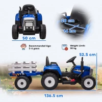 HOMCOM Tractor Electric pentru Copii cu Remorcă Detașabilă, Telecomandă, Port USB, Muzică și Lumini, 3-6 Ani, Albastru(m-3)