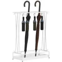 HOMCOM Portaombrelli con Vaschetta per l'Acqua, 21 Fori e 24 Ganci per Ombrello, in Acciaio, 50x24x68 cm, Bianco(m-11)