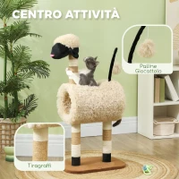 PawHut Albero Tiragraffi per Gatti a Forma di Pecora con Naso Nero, Pali in Juta, Tunnel e Pallina, Marrone Chiaro(m-4)