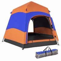 Outsunny Doppellagiges Instant-Pop-Up-Zelt mit Regenschutz, Outdoor Familienzelt für 4 Personen wasserdicht sechseckig 4 Jahreszeiten Kuppelzelt mit Bodenplane 2 Türen Moskitonetz Tragetasche Orange(m-12)