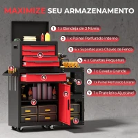 HOMCOM Carro de Ferramentas 3 em 1 com Rodas, 5 Gavetas, Armário Inferior, Painéis Perfurados e Fecho, Preto e Vermelho(m-5)