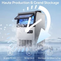 HOMCOM Machine à glaçons commerciale 36 kg/24h, acier inoxydable, ice maker, capacité 5,5 kg, 36 cubes par 10 minutes,(m-4)