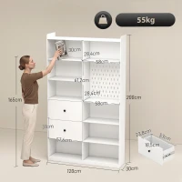HOMCOM Bibliothèque, Étagère 6 Niveaux, 120 x 30 x 200 cm, Meuble de Rangement avec 2 Tiroirs et Panneau Perforé, Blanc(m-3)