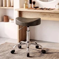 HOMCOM Tabouret à roulettes, tabouret de salon avec hauteur réglable 51-66 cm et assise rembourrée, pivotant 360°, marron(m-15)