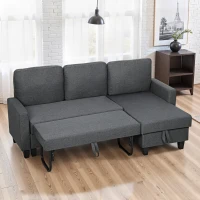 HOMCOM Divan Pat cu 3 Locuri și Chaise și Spațiu de Depozitare, din Țesătură cu Efect de Lin, 197x129x85 cm, Gri Antracit(m-10)