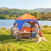 Outsunny Doppellagiges Instant-Pop-Up-Zelt mit Regenschutz, Outdoor Familienzelt für 4 Personen wasserdicht sechseckig 4 Jahreszeiten Kuppelzelt mit Bodenplane 2 Türen Moskitonetz Tragetasche Orange(m-9)