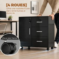 HOMCOM Caisson bureau meuble de rangement verrouillable avec 3 tiroirs et étagère réglable, roulettes, 40 x 60 x 56 cm, noir(m-7)
