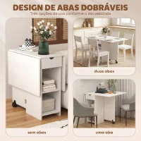 HOMCOM Mesa de Cozinha Dobrável com Rodas, Abas Rebatíveis, Gaveta e Prateleiras para 2-4 Pessoas 120x72x75 cm Branco(m-5)