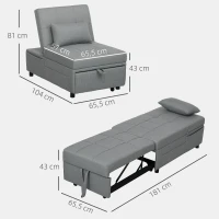 HOMCOM Poltrona-cama 3 em 1 com Bolso Lateral Cama para Hóspedes com Almofada Encosto Ajustável Poltrona-cama com Rodas Cinza Claro(m-3)