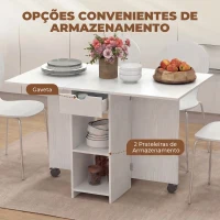HOMCOM Mesa de Cozinha Dobrável com Rodas, Abas Rebatíveis, Gaveta e Prateleiras para 2-4 Pessoas 120x72x75 cm Branco(m-4)