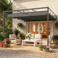 Outsunny Pérgola de Pared de Jardín 3x3 m con Techo Retráctil Protección UPF30+ Drenaje Cenador de Jardín para Exterior Gris(m-10)